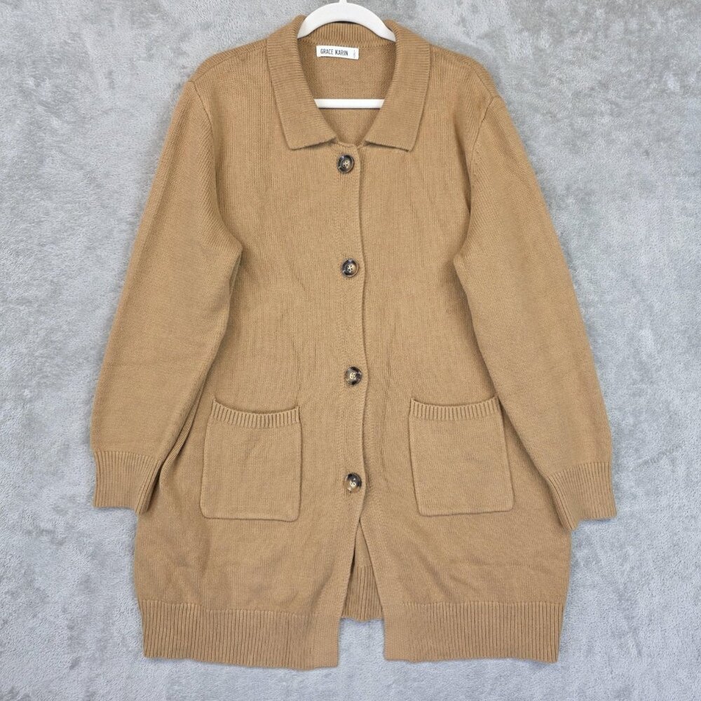Grace Karin Cardigan Sweater Womens 2XL Brown Collared Longline Button Front
